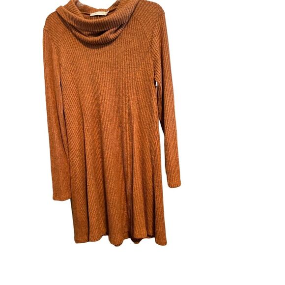 Lush Women's Pumpkin Toffee Cowl Neck Flowy Ribbed Sweater Dress Tunic Top M - Picture 2 of 5